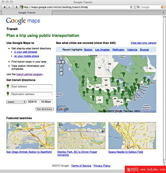 Google Transit 的 Web 站點截圖