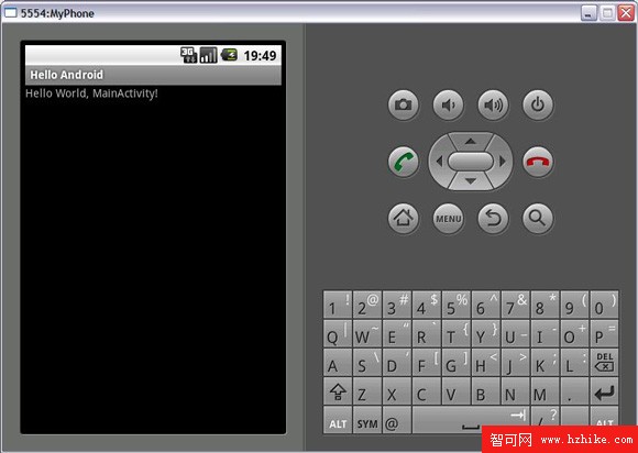 Android Virtual Device 屏幕截圖，左邊顯示模擬的手機，右邊顯示所有手機按鈕的虛擬鍵