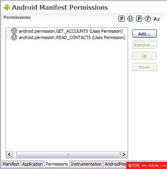 顯示權限選項卡的屏幕截圖，包含 android.permission.GET_ACCOUNTS(Uses Permission) 和 android.permission.READ_CONTACTS (Uses Permission) 的條目