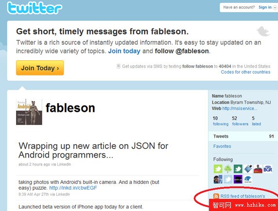  fableson Twitter 頁以及右下角的鏈接 ‘RSS feed of fableson's tweets’ 的屏幕截圖