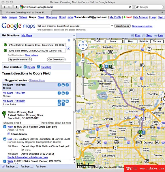 Flat Iron Crossing 和 Coors Field 間的地圖和向導的 Google Maps 截圖