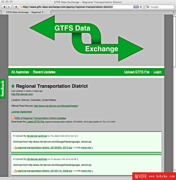 GTFS Data Exchange Web 站點上 Denver RTD 的 Web 網頁截圖
