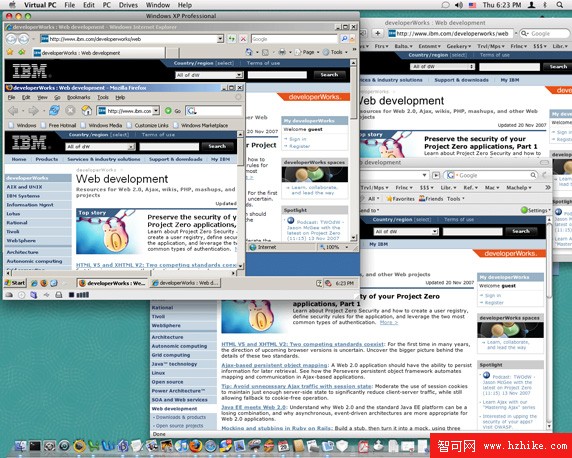 同時運行 4 種浏覽器：OS X 上的 Safari 和 Firefox，Windows XP 上的 Firefox 和 Internet Explorer