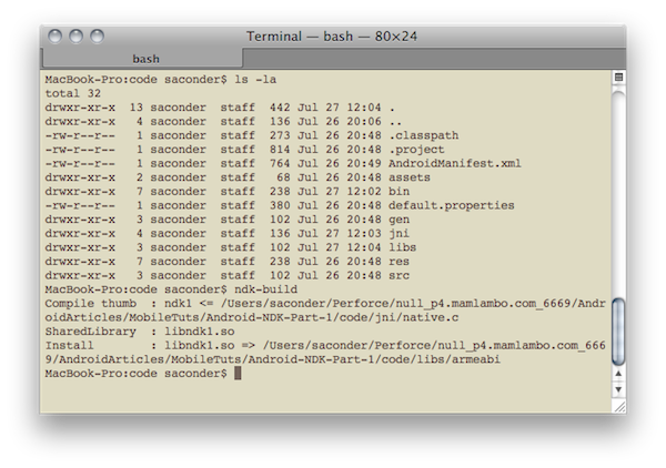 Fig 1: Typical build output from the ndk-build command