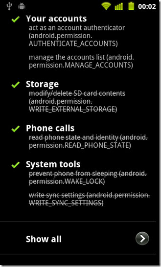 圖8 Cyanogen Mod 7.1中的權限吊銷(Permission Revoking)設定