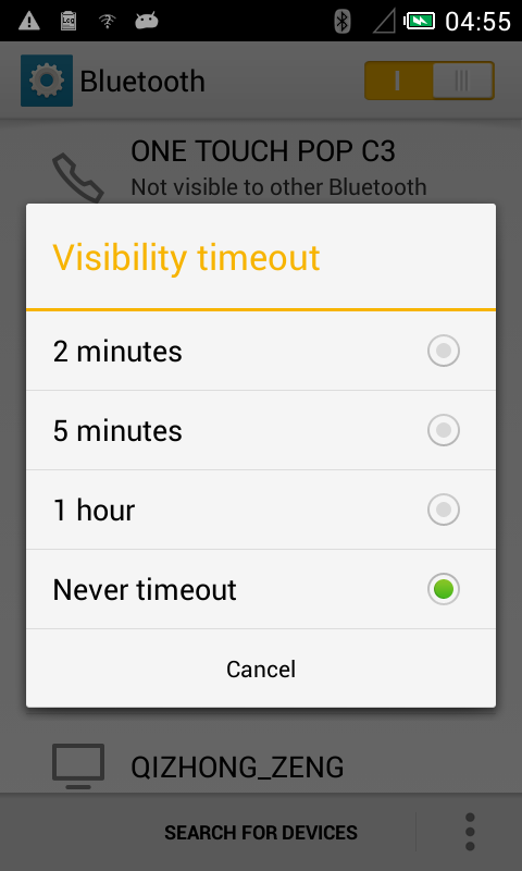 藍牙Visibility timeout設置界面